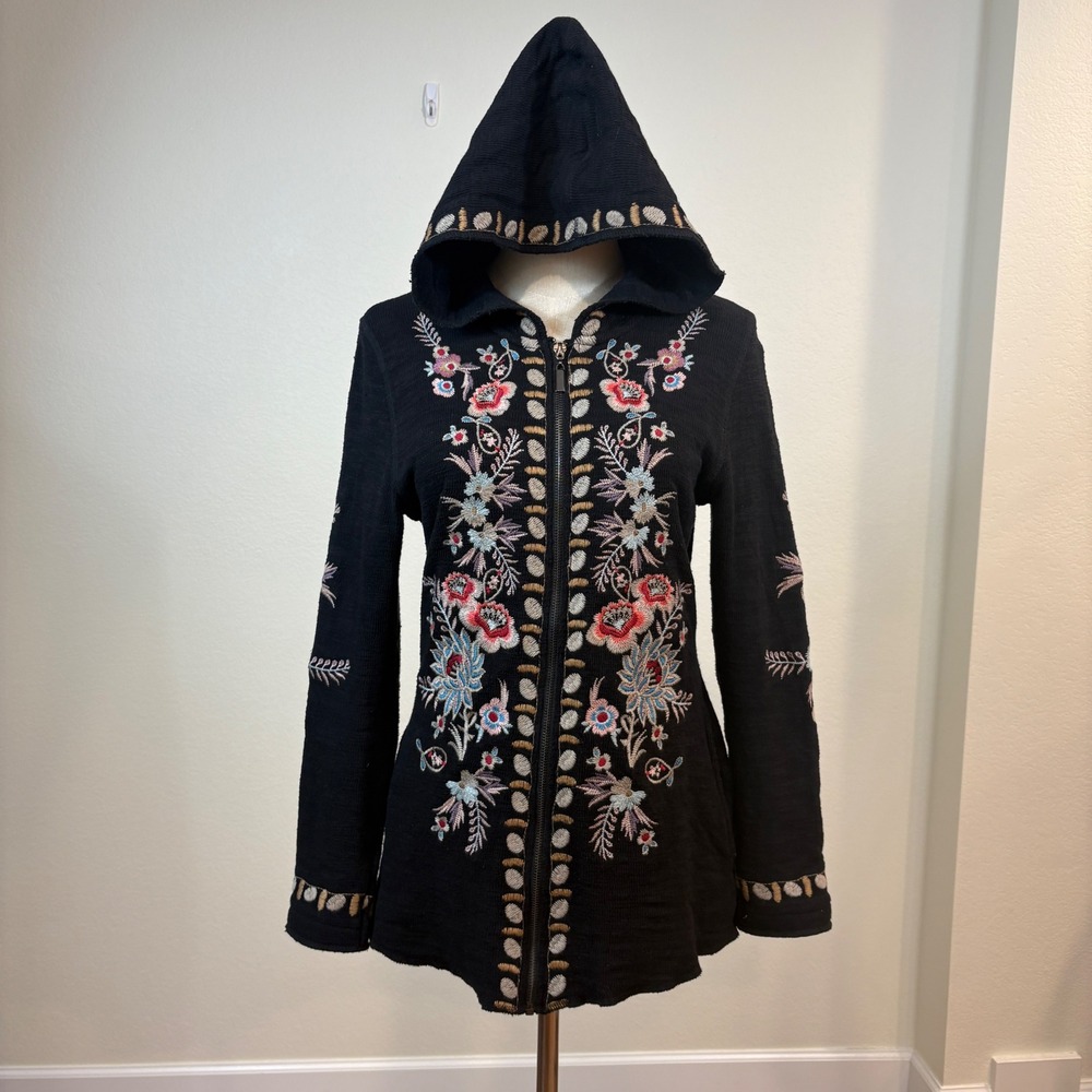 Paparazzi Embroidered Hoodie Small Black Floral Boho Zip Cardigan Boho Y2K